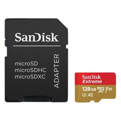 Карта памяти 128Gb SanDisk Extreme microSDXC Class 10 UHS-I U3 V30, Версия: Extreme, Объём памяти: 128 Гб, Производитель: SanDisk, Комплектация: карта + SD адаптер