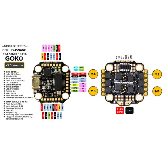 Стек Flywoo Goku F745 2-4S 16x16 (F745 FC + 13A 4в1 ESC), изображение 4