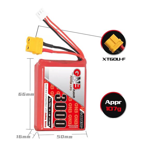 Аккумулятор GNB 3000мАч 2S 5C LiPo для Radiomaster TX12 (XT60), изображение 5