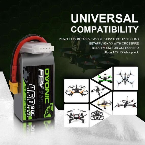 Аккумуляторы OVONIC 450мАч 4S 80C LiPo (XT30) (4 шт.), изображение 3