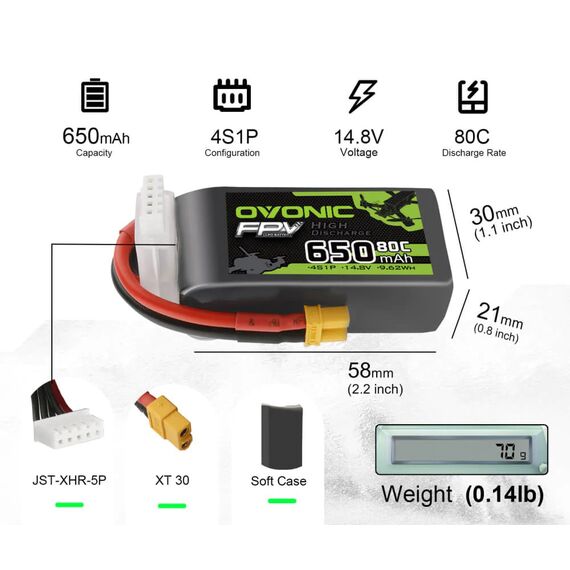 Аккумулятор OVONIC 650мАч 4S 80C LiPo (XT30), изображение 3