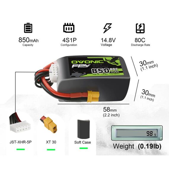 Аккумулятор OVONIC 850мАч 4S 80C LiPo (XT30), изображение 3