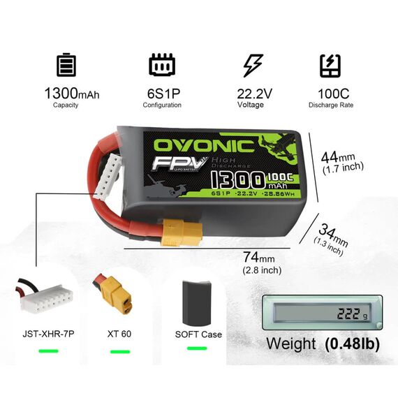 Аккумулятор OVONIC 1300мАч 6S 100C LiPo (XT60), изображение 2