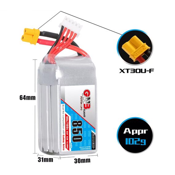 Аккумулятор GNB 850мАч 4S 80C LiPo (XT30), изображение 2
