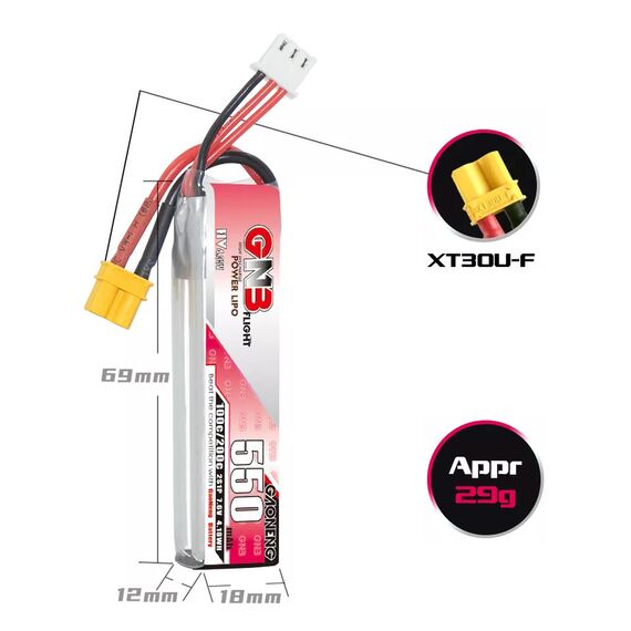 Аккумулятор GNB 2S 550mAh 100C LiHV (XT30), изображение 6