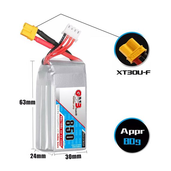 Аккумулятор GNB 850мАч 3S 80C LiPo (XT30), изображение 4