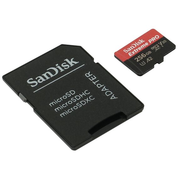 Карта памяти 256Gb SanDisk Extreme Pro microSDXC Class 10 UHS-I U3 V30 A2, Версия: Extreme Pro, Объём памяти: 256 Гб, Производитель: SanDisk, Комплектация: карта + SD адаптер