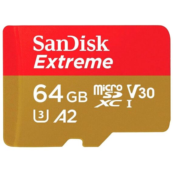 Карта памяти 64Gb SanDisk Extreme microSDXC Class 10 UHS-I U3 V30 A2 + SD адаптер, Версия: Extreme, Объём памяти: 64 Гб, Производитель: SanDisk, Комплектация: только карта