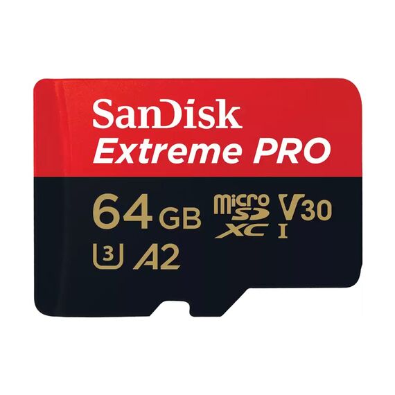 Карта памяти 64Gb SanDisk Extreme Pro microSDXC Class 10 UHS-I U3 V30 A2, Версия: Extreme Pro, Объём памяти: 64 Гб, Производитель: SanDisk, Комплектация: только карта