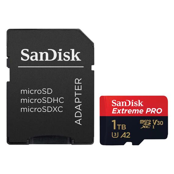 Карта памяти 1TB SanDisk Extreme Pro microSDXC Class 10 UHS-I U3 V30 A2 + SD адаптер, Версия: Extreme Pro, Объём памяти: 1 Тб, Производитель: SanDisk, Комплектация: карта + SD адаптер