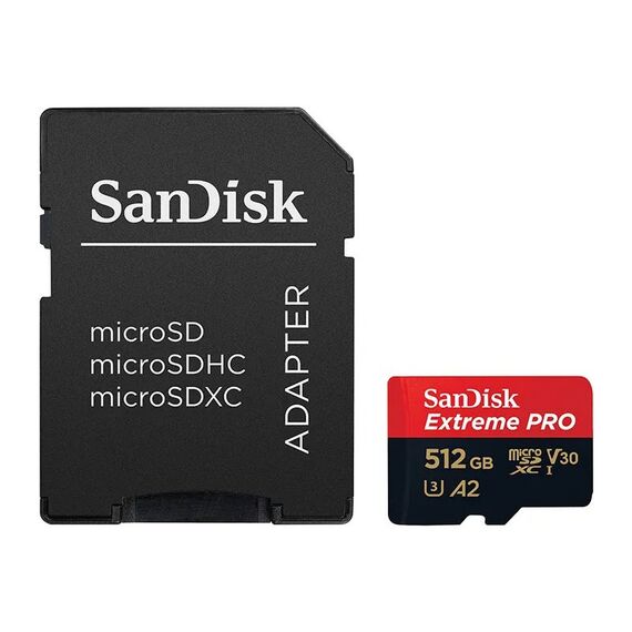 Карта памяти 512Gb SanDisk Extreme Pro microSDXC Class 10 UHS-I U3 V30 A2, Версия: Extreme Pro, Объём памяти: 512 Гб, Производитель: SanDisk, Комплектация: карта + SD адаптер