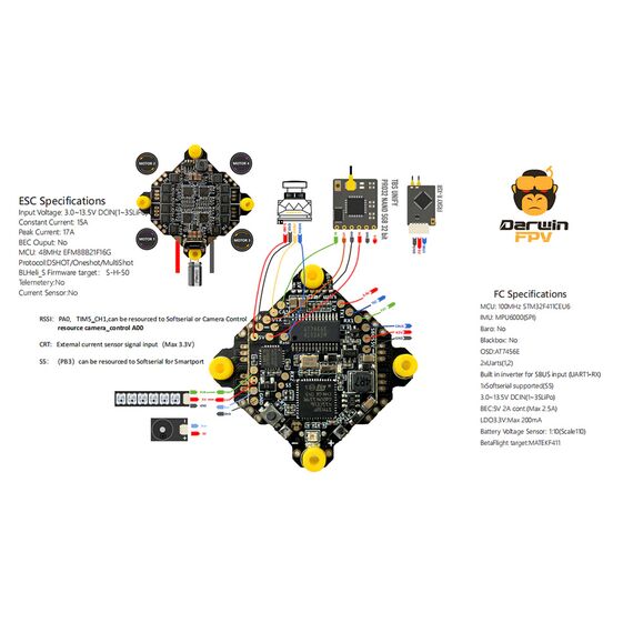 Полетный контроллер DarwinFPV 15A 1-3S F411 Ultralight/Whoop AIO, изображение 6в магазине iDrone Полетный контроллер DarwinFPV 15A 1-3S F411 Ultralight/Whoop AIO, изображение 6