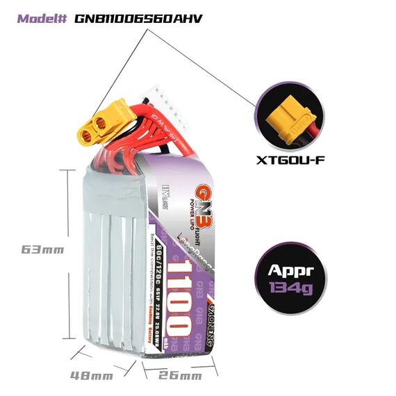 Аккумулятор GNB 6S 1100mAh 60C LiHV LongRange (XT60), изображение 4