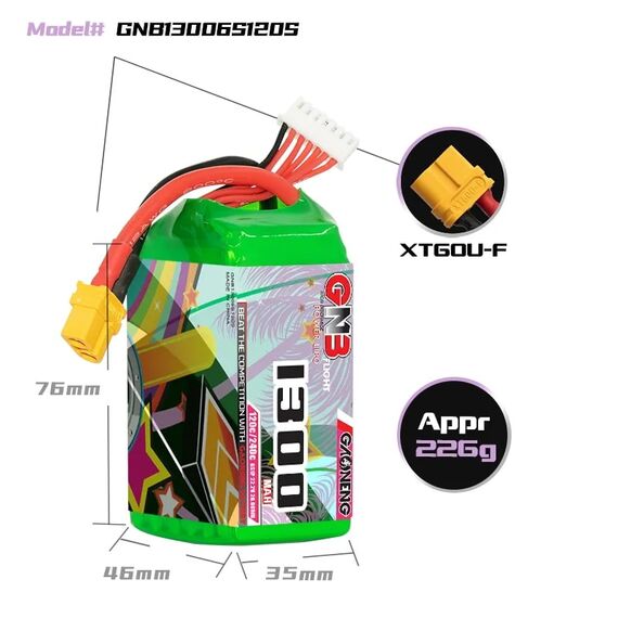Аккумулятор GNB 6S 1300mAh 120C LiPo (XT60), изображение 4