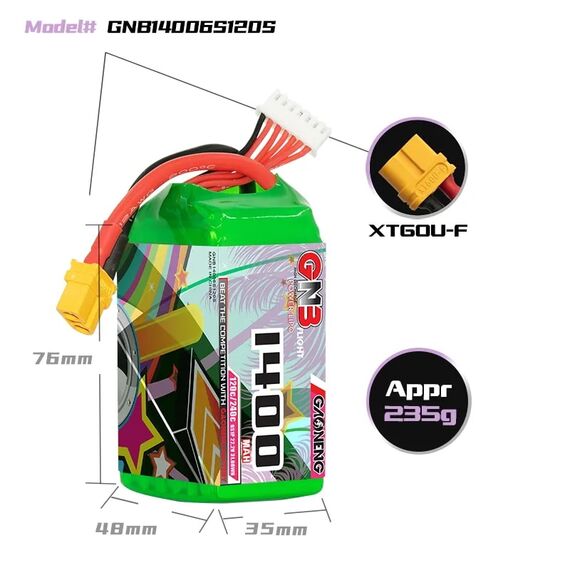 Аккумулятор GNB 6S 1400mAh 120C LiPo (XT60), изображение 4