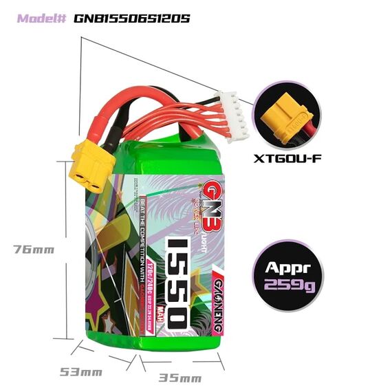 Аккумулятор GNB 6S 1550mAh 120C LiPo (XT60), изображение 4