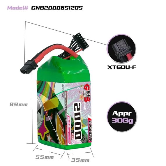 Аккумулятор GNB 6S 2000mAh 120C LiPo (XT60), изображение 3