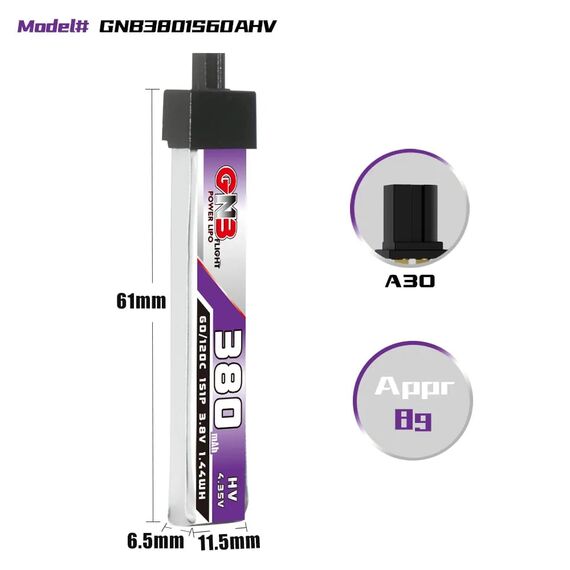 Аккумулятор GNB 1S 380mAh 60C LiHV (Plastic head, A30), изображение 4