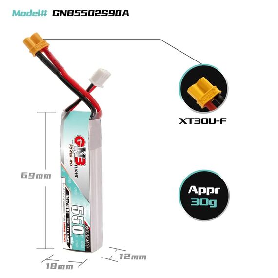 Аккумулятор GNB 2S 550mAh 90C LiPo (Long Type, XT30), изображение 4