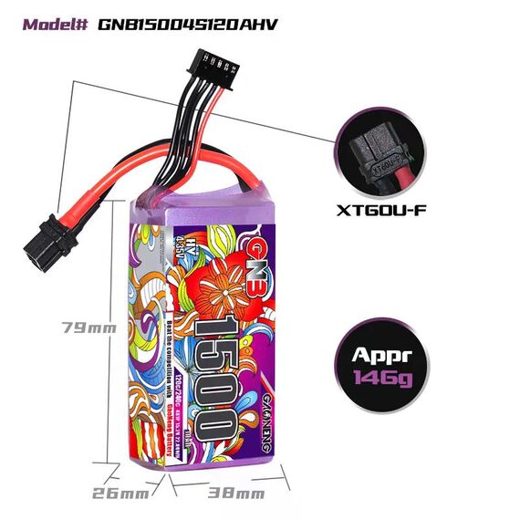 Аккумулятор GNB 4S 1500mAh 120C LiHV (XT60), изображение 2