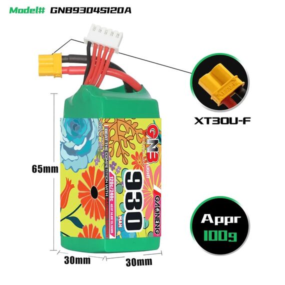 Аккумулятор GNB 4S 930mAh 120C LiPo (XT30), изображение 2