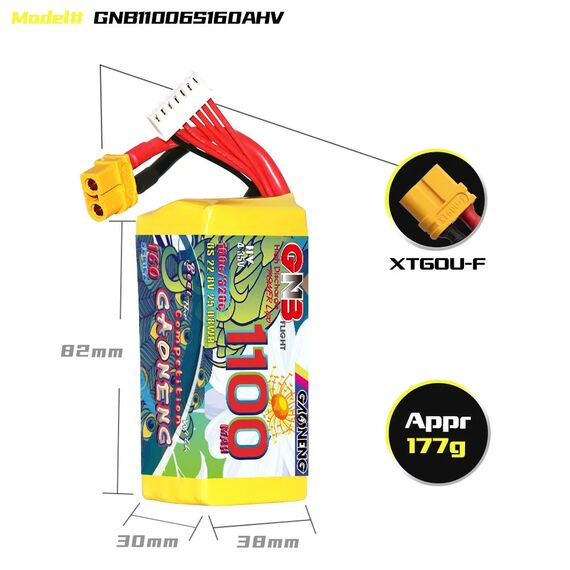 Аккумулятор GNB 6S 1100mAh 160C LiHV (XT60), изображение 3
