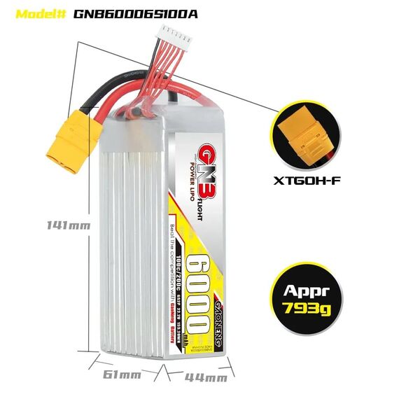 Аккумулятор GNB 6S 6000mAh 100C 22.2V LiPo (XT60), изображение 2