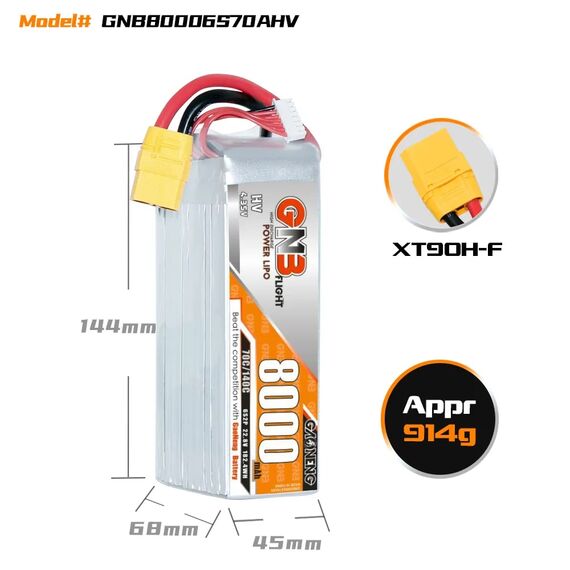 Аккумулятор GNB 6S 8000mAh 70C 22.2V LiPo (XT90), изображение 4