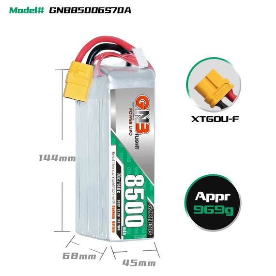 Аккумулятор GNB 6S 8500mAh 70C 22.2V LiPo (XT60), изображение 2