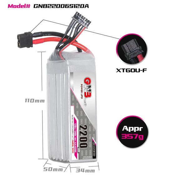 Аккумулятор GNB 6S 2200mAh 120C LiPo (XT60), изображение 2