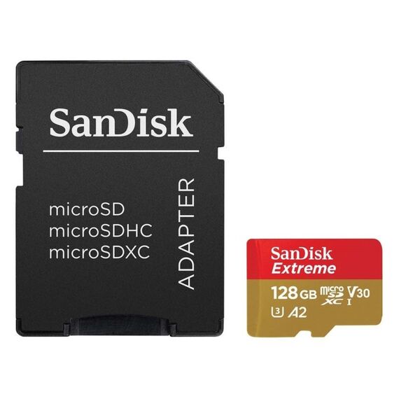 Карта памяти 128Gb SanDisk Extreme microSDXC Class 10 UHS-I U3 V30, Версия: Extreme, Объём памяти: 128 Гб, Производитель: SanDisk, Комплектация: карта + SD адаптер