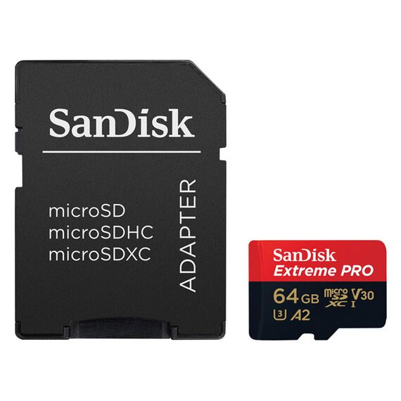 Карта памяти 64Gb SanDisk Extreme Pro microSDXC Class 10 UHS-I U3 V30 A2, Версия: Extreme Pro, Объём памяти: 64 Гб, Производитель: SanDisk, Комплектация: карта + SD адаптер